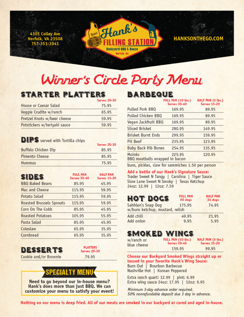 Hank's Winner's Circle Party Menu